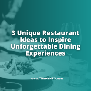 A dining table with a plate of food and a wine glass filled with wine, featuring text overlay: '3 Unique Restaurant Ideas to Inspire Unforgettable Dining Experiences.'